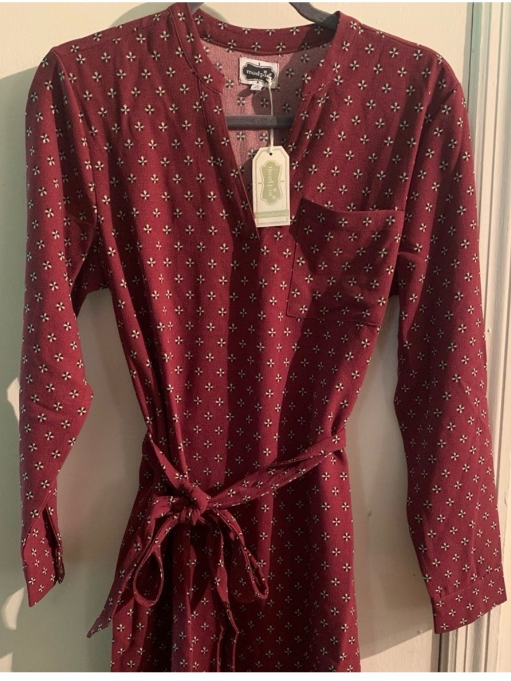 Mud Pie Maroon Floral Tie-Waist Shirt Dress